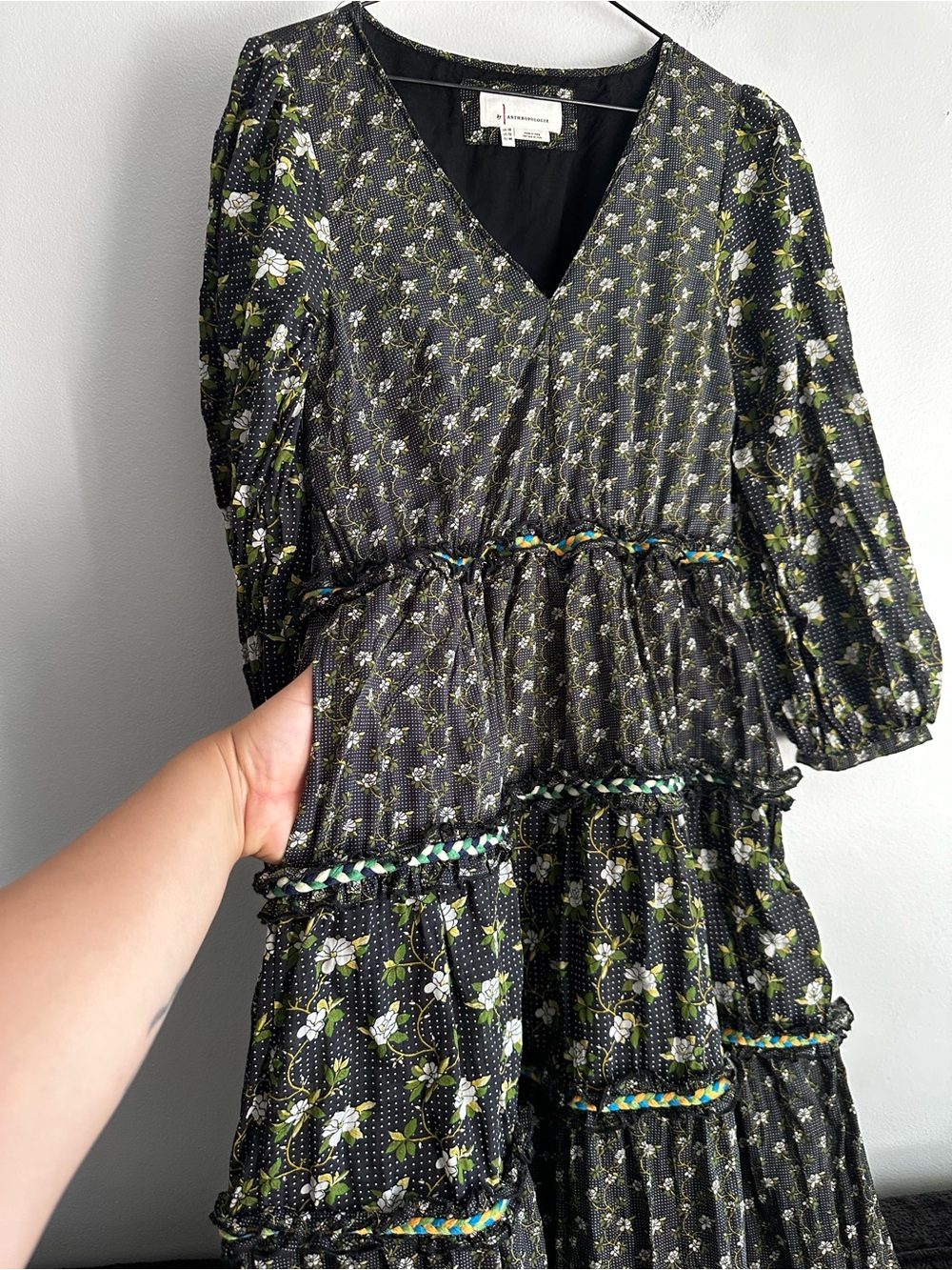 Anthropologie Karoline Black Floral Tiered Maxi Dress with Green Accents Small - Picture 11 of 16